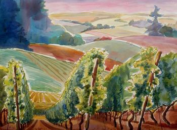 "View from Domaine Drouhin" This Northwest French winery is part of the Willakenzie soil area and Red Jory clay that makes Oregon famous for good wine. 30"x22" Sold to The Allison Inn and Spa, Newberg, Oregon. Prints available.
