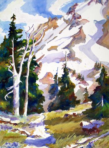 "Pacific Crest Trail Over Mt. Hood" Another perfect day of painting. Only one year did we need to go inside Timberline Lodge to draw to stay out of the mist. The sun and wind cooperated with us and our group got some very good paintings. 22" x 30" Original is sold. Prints only
