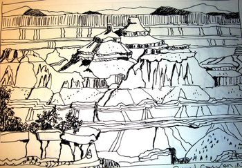 "Grand Canyon, North Rim" was painted in front of the big lodge that over looks the Canyon. We camped nearby in a campground right on the cliff. No sleep walking allowed! This was my first time to ever see the Canyon. It had to be drawn immediately. So awe inspiring.
