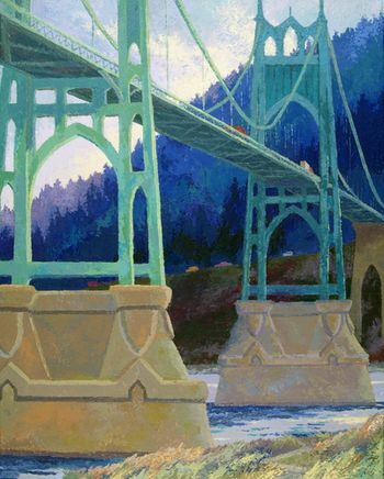 2.5' x 2' palette knife painting of the St. John's Bridge in the town of St. John's, Oregon. The designer of the Golden Gate Bridge in San Francisco, also, designed this beautiful bridge often called the most beautiful bridge in the United States. Sold No prints
