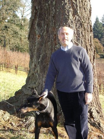 A photo in preparation of the portrait of Bernie and his dog, Marco at the winery.
