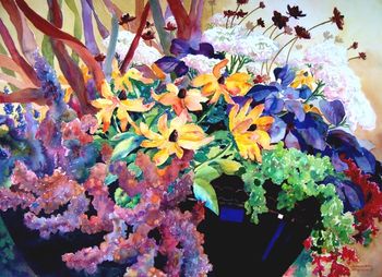 "Fall Bowl" has to do with my love for flowers. Our yard has one of each, it seems. This fall bowl was painted on location at a nursery in town. Original 30"x22" is available, as well as prints.
