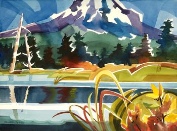 "Mt. Hood from Trillium Lake" was selected to be one of the 80 out of 300 submitted to the Watercolor Society of Oregon Show when the show was held in Hood River, Oregon. 30"x22" Original sold. Prints.
