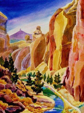 "Smith Rock" is a dramatic area of Central Oregon near Bend and Redmond. This is a hugely popular climbing location. We have hiked over the top and down the other side. The trail on the backside winds along the Crooked River. You can see the trail in the painting. Mt. Jefferson can be seen in the background. Sold. Prints only.

