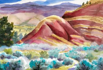 "Painted Hills"  15" x 22"  $400.  The colors constantly move down the hill.  No one is quit sure what mechanism causes this, but each time you visit, the hills are different.
