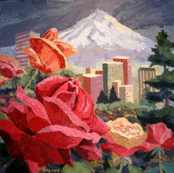 A painting done from the Portland Rose Garden with Mt. Hood in the distance.  Purchased by the Portland City Grill for their dining room area.  27" x 26" palette knife.
