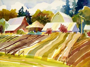 "Koch Farm" has a small vegetable and fruit stand every summer on one of the busiest roads in the state: Tualatin Sherwood Rd. Travel up the dirt road of the farm and out into the fields to paint and you find tranquilty and breezes scented by growing things. Original and prints.
