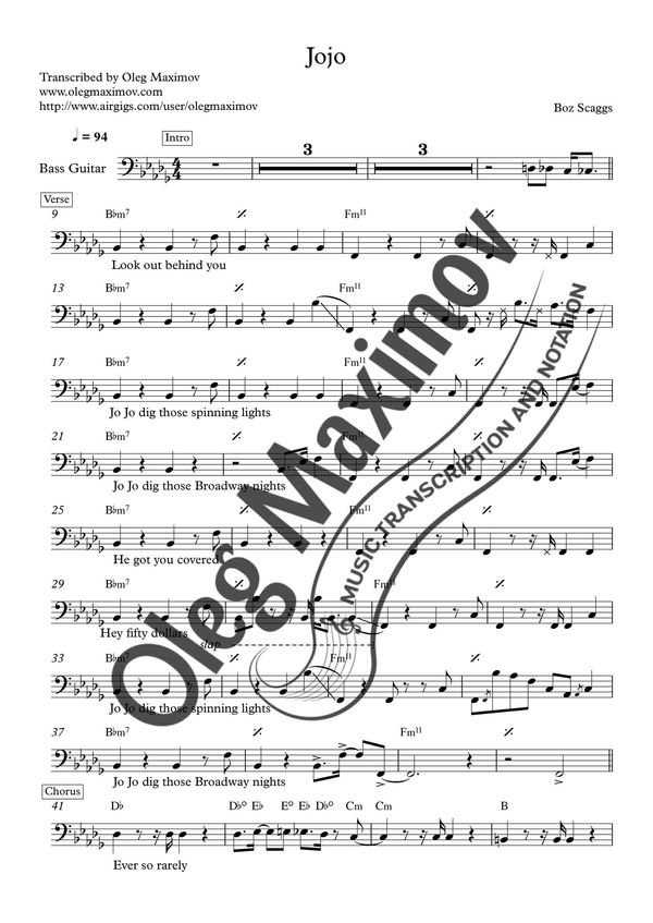 Boz Scaggs Jojo Bass Sheet Music