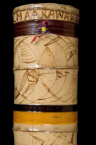 “Ewart Bamboo Peace Dream Chimes,” bamboo, steel rods and plates, beads, nylon cord, epoxy lacquer and wood burnt carving.
