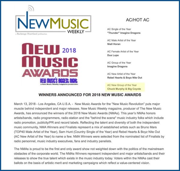 Big Coyote awarded New Music Award as 2018 AC New Group of the Year by New Music Weekly