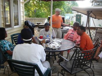 Rock prepares the grill Ron, Mother of the Blacklites, DeeDee, Steve, Rod and Jackie enjoy the day
