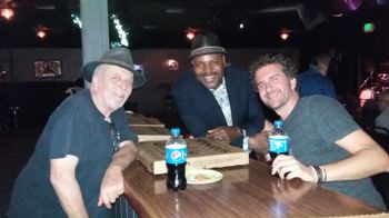 With guitar greats Bobby Broom & Ron Eschete. Pizza time before the show at The Rhythm Room on 10/13/16
