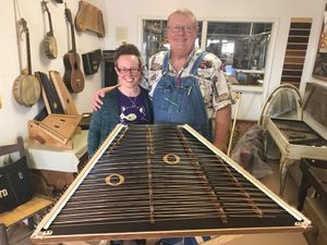 New 5-octave DulciForte Master Works hammer dulcimer and Sarah with builder and national champion Russell Cook