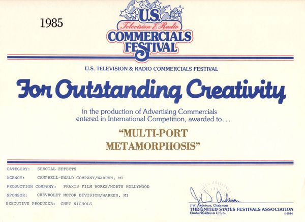 Top Special-Effects Award at the US Television & Radio Commercial Festival for Chevrolet. Chet Nichols - Senior Executive Producer.