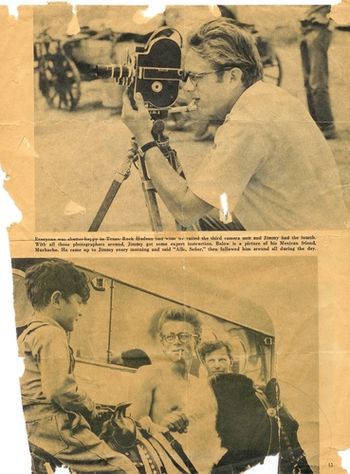 Unknown newspaper or magazine clipping. Bottom: L to R: child actor riding the pony, Little King (no relation to Buckeroo et al), James Dean and Frank Klump, on the set of the movie, The Giant, 1955. Close up in header at top of page. Can you hear The Yellow Rose of Texas playing in the back ground?
