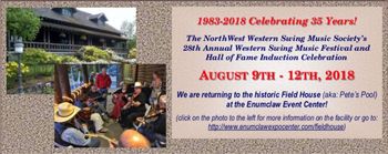 Northwest Western Swing Music Society Newsletter cover photos.  Grace and Dave are pictured on the porch picking during the 2017 Festival and Hall of Fame Celebration.
