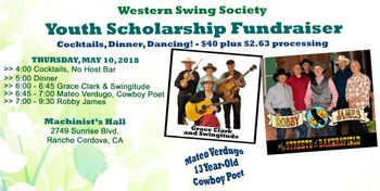Western Swing Society (Sacramento) Flyer for the WSS Youth Scholarship Fundraiser Dinner Dance, May 10, 2018
