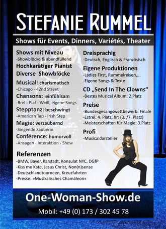 One-Woman-Show.de, tripple threat entertainer: singer, actress, tapdancer, chairperson, magician