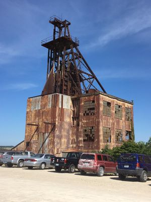 Iconic headframe at the Missouri Mines State Historic Site.  The power house has been converted to a museum with minerals and mining equipment.