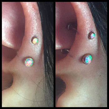 Double Forward Helix w/ Threadless, Synthetic Pink Opal Cabochons by NeoMetal©
