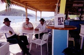 PAUL’S HORN PLAYERS WILLIE YOUNG, AND WILLIE HENDERSON AND BOOKING AGENT TOM RADAI ON THE ISLE OF TORTOLA, BRITISH WEST INDIES. CHILLIN’ BEFORE THE GIG.
