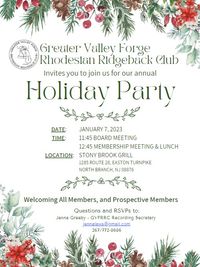 Greater Valley Forge Rhodesian Ridgeback Club - Annual Holiday Luncheon General Membership Meeting