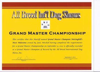 Grand Master Championship and Biggs is only the 2nd dog to achieve this in the history of ABI as of September 2012.
