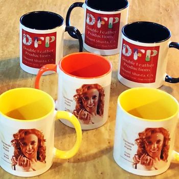 Promotional mugs for Fernanda Froes-Pruett and Double Feather Productions.
