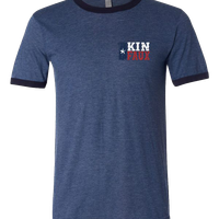 Heathered navy blue unisex ringer t-shirt with flag logo