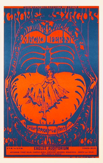 October 20 & 21, 1967: John Moehring. Offset litho poster. The Crome Syrcus, The Magic Fern, Lux Sit & Dance (light show) Eagles Auditorium  From the book 'Split Fountain Hieroglyphics.' Courtesy of Scott McDougall & Glen Beebe. scottmcdougall.net
