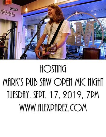 Alex The Red Parez aka El Rojo Hosting Mark's Pub SAW (Songwriters' Association of Washington D.C.) Sponsored Open Mic Night 9-17-19 7pm alexparez.com

