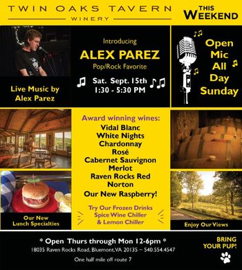 Alex The Red Parez aka El Rojo at Twin Oaks Tavern Winery, Saturday, September 15th, 2018, 1:30pm - 5:30pm www.alexparez.com
