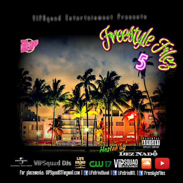 Freestyle Filez, which is for promotional use only and protected by fair use copyright laws, is the second mixtape series produced by VIPSquad DJs, a music group under Dez Nado's VIPSquad Entertainment. The mixtape series is less party-based than the more commercial Florida's Finest mixtape series and is more focused on celebrating the art form of hip hop, lyricism, and production, in addition to exclusive freestyles and heavy-hitting, bar for bar tracks from indie and major artists. 

. The two mixtape series together have amassed a total play/download count of over 325,000. Quietly, these series are gaining a lot of industry attention and becoming one of the most sought after platforms by both indies and majors. This year's installment includes exclusive content straight from the 2017 #BETHipHopAwards Green Carpet, which was in South Beach Miami, in association with Florida/Georgia-based docu-reality TV series "Life & Grind", executive produced by Dez Nado, who produces both Life & Grind: Duval (airs First Sundays at 6pm on CW17 in south Georgia/north Florida) and Life & Grind: ATL (airs First Sundays at 7pm in Atlanta). Both series were granted red carpet access to the Hip Hop Awards this year as a result of the growing buzz of both brands -- Contact www.facebook.com/VIPSquadDJs or VIPSquadENT@gmail.com for info.

Every September/October, the unofficial BET Hip Hop Awards Weekend mixtape hits the streets of #ATL (or wherever the Awards are) and features the hottest freestyles indie and major. Like the page www.facebook.com/FreestyleFilez  & be the first to DL and get the scoop on new exclusives throughout each year -- 2016's edition can be found here --> www.audiomack.com/artist/freestylefilez4/ || www.soundcloud.com/FreestyleFilez4 #NewMusic #FreeDownload VIPSquad DJs #FreestyleFilez4 the first and only #Live mixtape uploaded with behind the scenes content from the 2016 #BETHipHopAwards in #Atlanta .. #FLAsFinest follows between #FAMUHomecoming weekend & #BCUHomecoming in October #FloridaClassic www.facebook.com/LifeGrindDuval & #losangeles #nyc #JAMAICA #JACKSONVILLE

Freestyle Filez 5

1.	01 - Freestyle Filez 5 Eminem - Trump Hip Hop Awards Freestyle x Intro

2.	02 - Freestyle Filez 5 Drag-On, Lil Wayne, Gudda Gudda  - North South Freestyle Mash 

3.	03 - Freestyle Filez 5 Rick Ross, Lil Wayne, Raekwon – Stunna x My Corner Mash

4.	04 - Freestyle Filez 5 Chris Rivers, Curren$y, Dez Nado, Pnb Rock - Mask Off x Unforgettable x GoldLink Freestyle

5.	05 - Freestyle Filez 5 G Unit, Fabolous, Drag-On, 2Pac, Biggie - Catch A Body x NY Freestyle

6.	06 - Freestyle Filez 5 Meek Mill, Wiz Khalifa, Lloyd Banks - Ws & Ls x Creepin x Reach Out Mash

7.	07 - Freestyle Filez 5 Zoey Dollaz, Ball Greezy, Denzel Curry, Ski Mask Slumpgod, Uncle Luke -  2017 BET Hip Hop Cypher

8.	08 - Freestyle Filez 5 Uncle Luke - Interlude

9.	09 - Freestyle Filez 5 Sy Ari Da Kid, Chris Rivers, Kendrick Lamar, Rapsody - People x 1993 Flow x Power Mash

10.	10 - Freestyle Filez 5 Big Tigga, Myllez, 50 Central Cast, XXXTentacion, Cassidy, Dez Nado - Instabooth BET Hip Hop Awards Freestyle 2017

11.	11 - Freestyle Filez 5 Le$, Drag-On, 2Pac, Madonna, Dez Nado - 4 The Ladies Mash

12.	12 - Freestyle Filez 5 Skyzoo, R-Mean, Method Man, DMX - 1995 Bad Boy Logo x NYC-LA Crazy C Mix

13.	13 - Freestyle Filez 5 T.I., Money Man, G-Slim da Vet - 99 Problems *Classic* South Take Off

14.	14 - Freestyle Filez 5 Nas, Robin Thicke, Mysonne, Game - Stay Woke Mash

15.	15 - Freestyle Filez 5 Tory Lanez, Cassidy, Teyana Taylor, Dez Nado - Winning x Champions x Snap Mash

16.	16 - Freestyle Filez 5 Big L - Harlems Finest *Big L Tribute* ft. Cam’Ron & Mase

17.	17 - Freestyle Filez 5 Jae Millz, Papoose, Lord Tariq, Canibus, Yewmanyeti - Kay Slay x Bang Bang Freestyle

18.	*BONUS TRACK* Black Thought, Common, Pharohe Monch, Absolute – Lyricists Lounge Freestyle 
