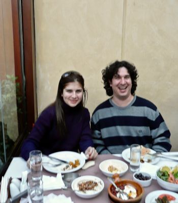 Lebanese singer Aline Lahoud & Chris Colby grabbing lunch and sharing a laugh before a recording session.
