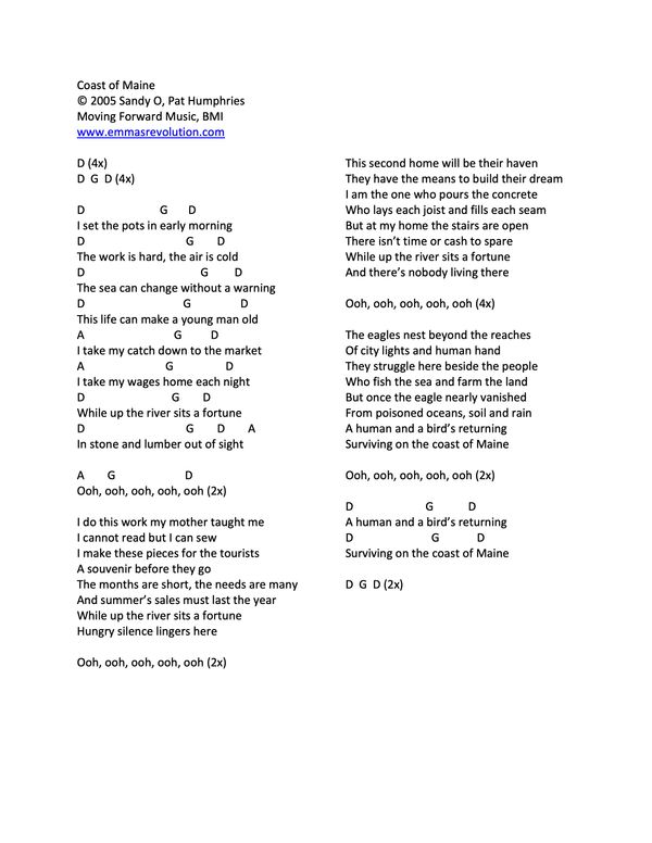 Coast of Maine - Lyrics with Chords in D