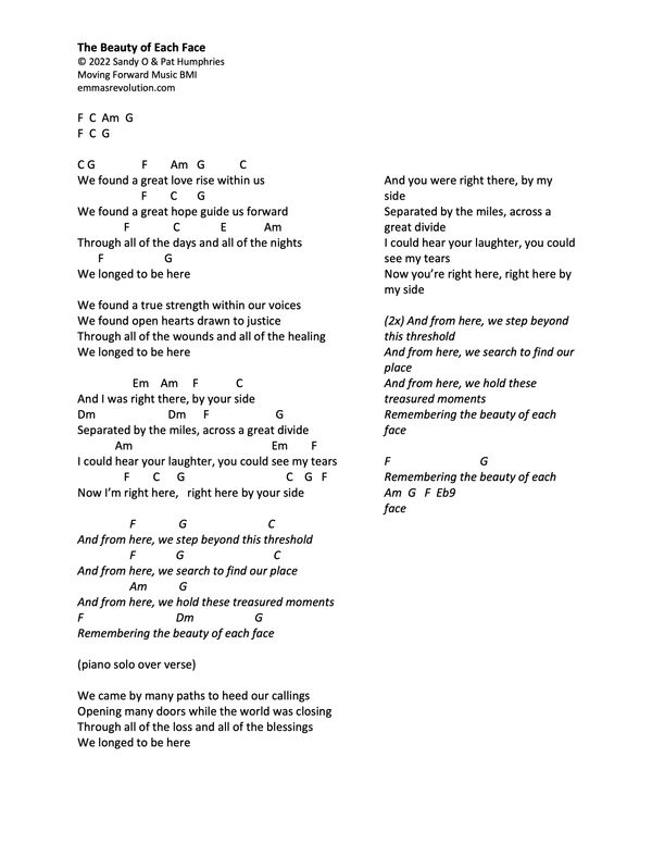 The Beauty of Each Face- Emma's Revolution - Lyrics with Chords in C