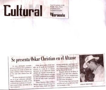 Cultural Presentation solo in Altazor, in Mazatlan Sinaloa, 2nd, september 2002, Mexico.

