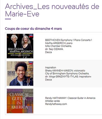 Marie-Eve Lamonde's top CD picks -----                                                      Radio Classique Montreal