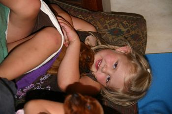 Granddaughter Gracie, gives a nice snuggle to a puppy
