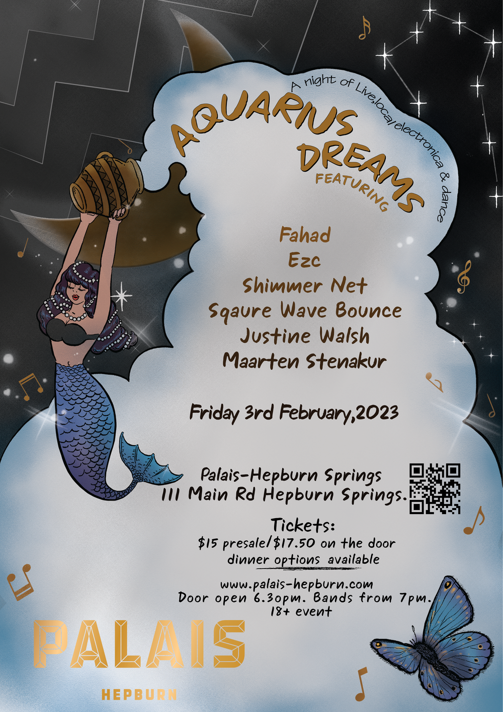 I am performing my music at Aquarius Dreams. Firday 3rd February 2023, Palais Hepburn. Click image for link to Eventbrite tickets.
