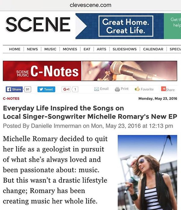 Cleveland Scene Magazine reviewed my EP, "Torrent." It was a stellar review, I'm very thankful to writer, Danielle Immerman, for taking the time to listen and review my new music! Read the article here: http://www.clevescene.com/scene-and-heard/archives/2016/05/23/everyday-life-inspired-the-songs-on-local-singer-songwriter-michelle-romarys-new-ep.