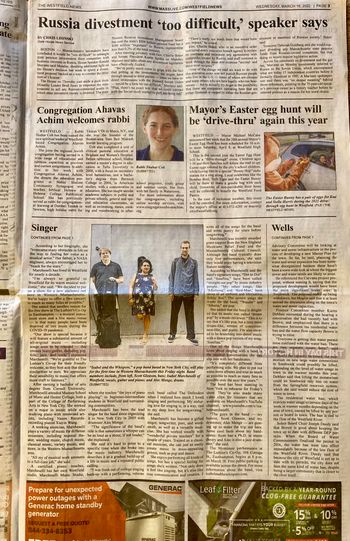Isabel and The Whispers featured by THE WESTFIELD NEWS, 3/22, page 2
