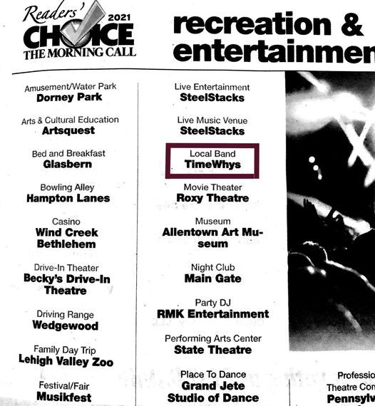We are honored to receive the Morning Call's Reader's Choice Award for BEST LOCAL BAND! Thank you to our fans! We love you!! Some pretty good company, right?