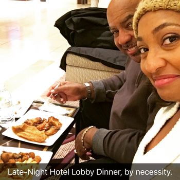 Gerald Albright & Selina Albright: Sometimes, the only place to enjoy food together on tour is the hotel hobby.
