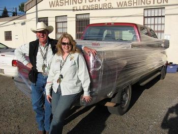 09-01-08: Played this prank on Jerry the Entertainment Director in Ellensburg pictured here with board member Jessie He Seran-wrapped his pick-up Get out of this
