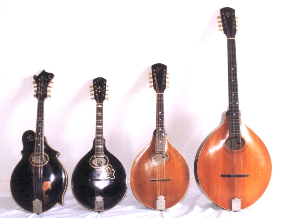 Left to Right: 1912 Gibson F-4 mandolin, 1909 Gibson A4 mandolin, 1910 Gibson H-1 mandola, 1913 Gibson K-1 Mando-cello