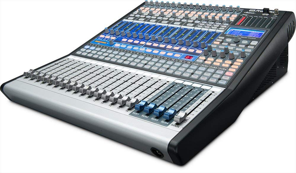StudioLive 16 ccannel digital mixer provides great mic pre's, fat channel EQ and dynamics processing, 6 aux sends, onboard effects. 