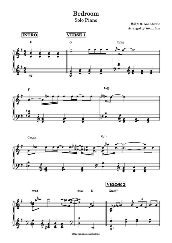 Bedroom - 林俊杰 JJ Lin ft. Anne-Marie | 2021 流行歌曲 Pop Song 钢琴独奏完整谱 Solo Piano Full Score