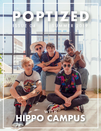 Cover of Poptized Magazine, the band Hippo Campus sitting in a bright room