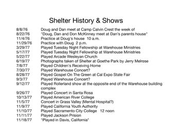 Dann Wick compiled a history of Shelter and put it on a spreadsheet. Turns out we performed an average of 40 shows a year.
